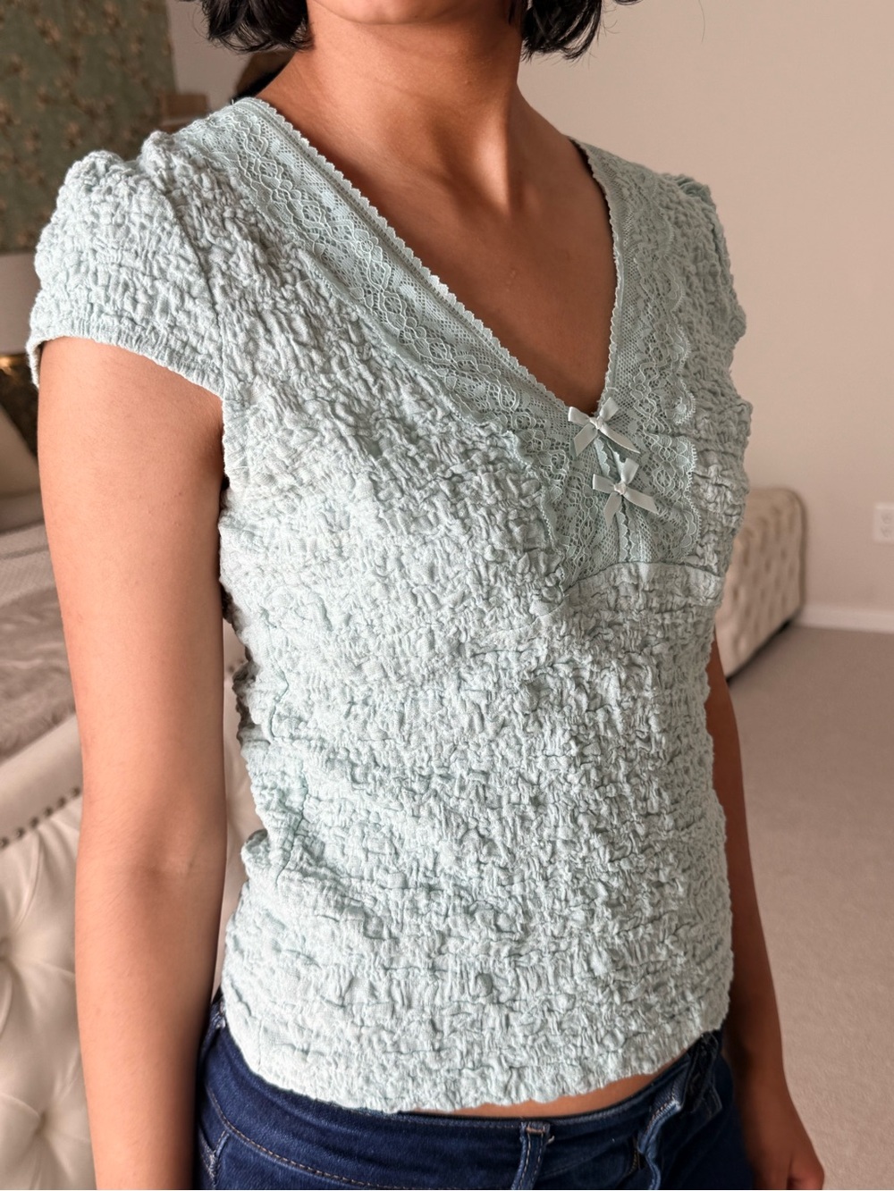 Cider Light Mint Textured Lace-Trim Cap Sleeve Camisole